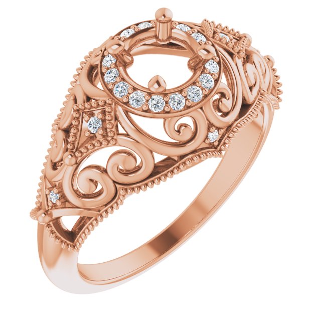 14K Rose 5.2 mm Round 1/10 CTW Natural Diamond Semi-Set Vintage-Inspired Engagement Ring
